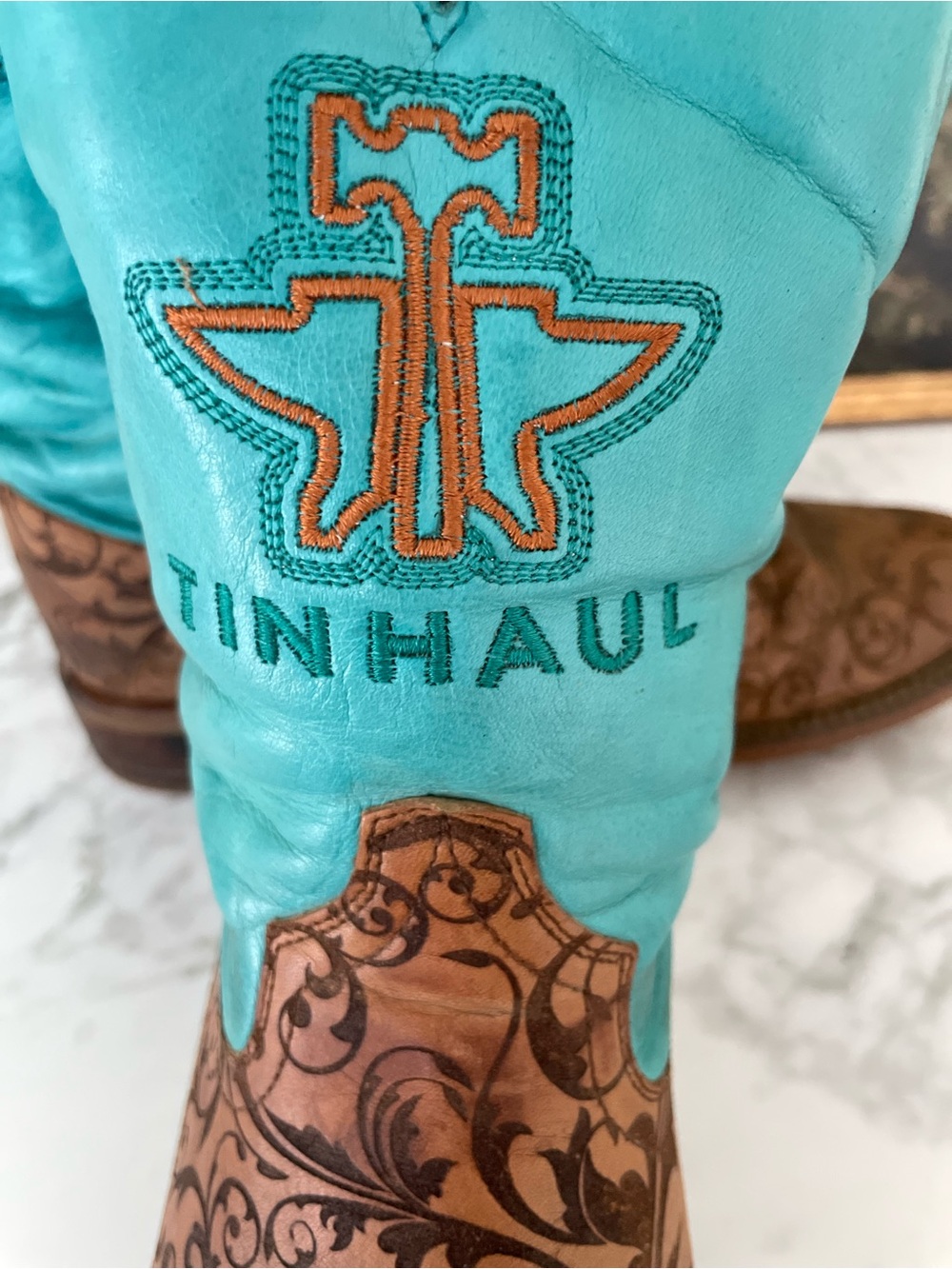Tin Haul Womens Western Boots Turquoise Brown Floral Tooled Leather Size 10 - Picture 3 of 12